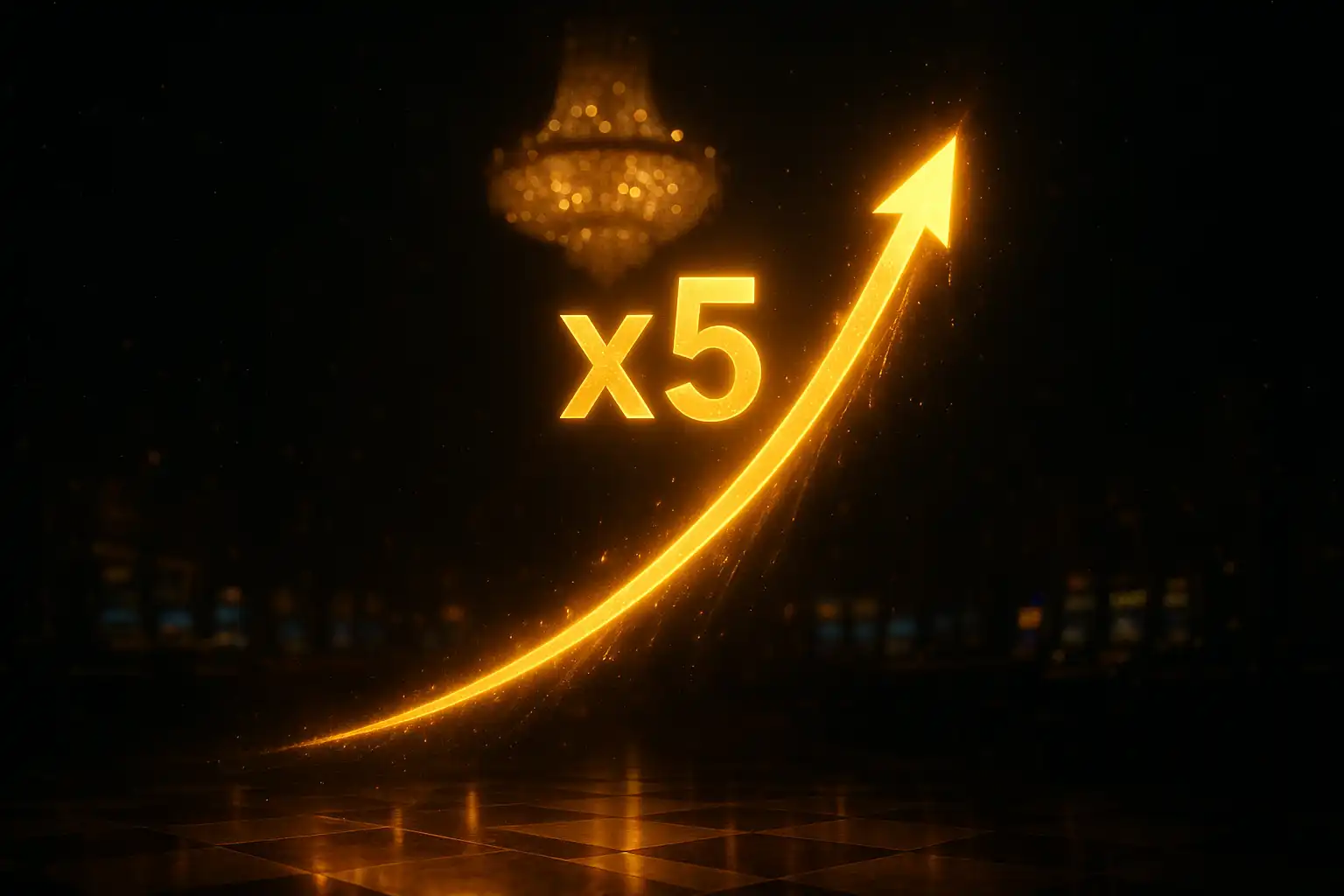 Rising multiplier curve graphic over a glowing crystal ballroom backdrop representing a crash casino game