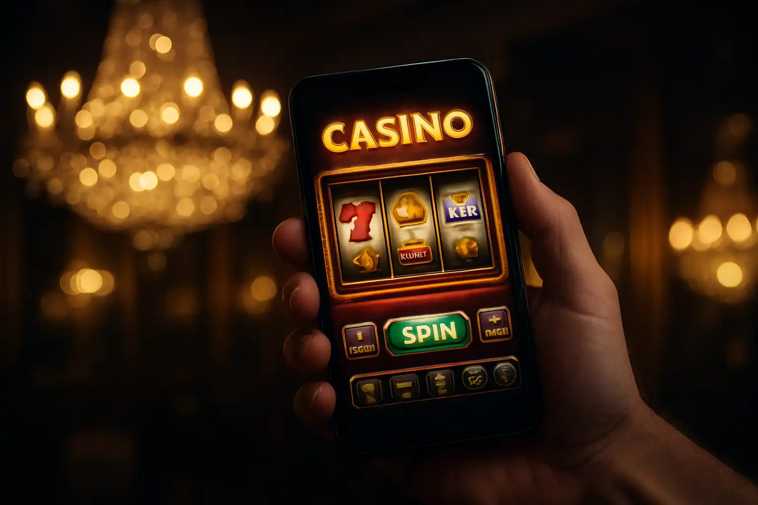 Hand holding a smartphone showing a casino slot game with a glowing crystal ballroom backdrop