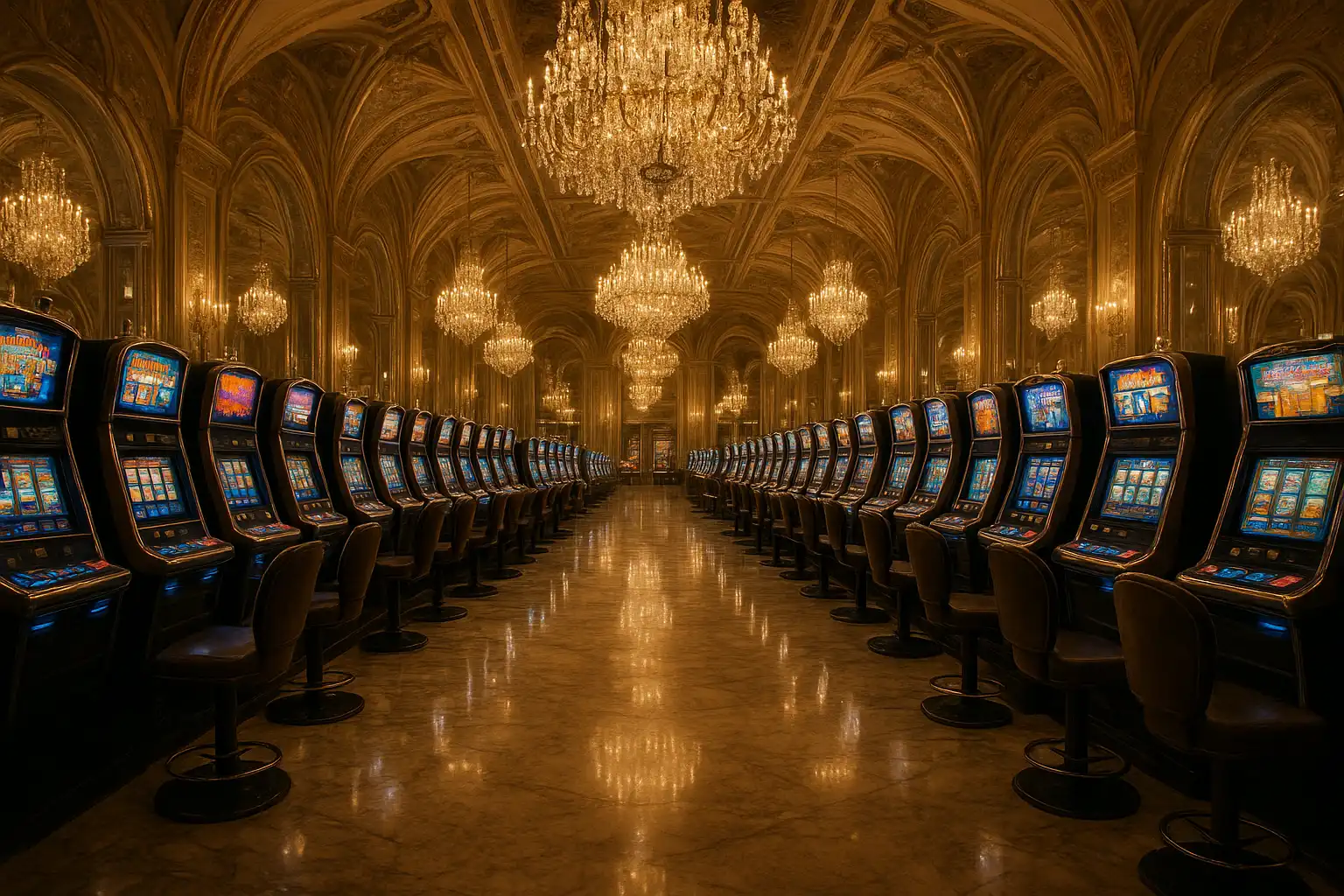 Grand crystal ballroom casino floor with slot machines and chandeliers at MySpingo Casino